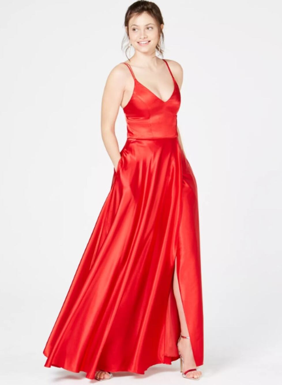 Sequin Hearts Satin Maxi Dress V-Neck Strappy Slit Long Formal Gown Prom Red